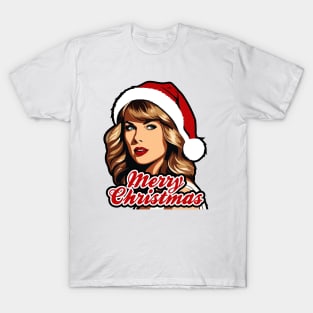 Beautiful Girl with Santa Hat and Merry Christmas Text T-Shirt